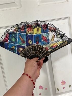 Colorful Lotería Print Hand Fan with Black Lace Trim